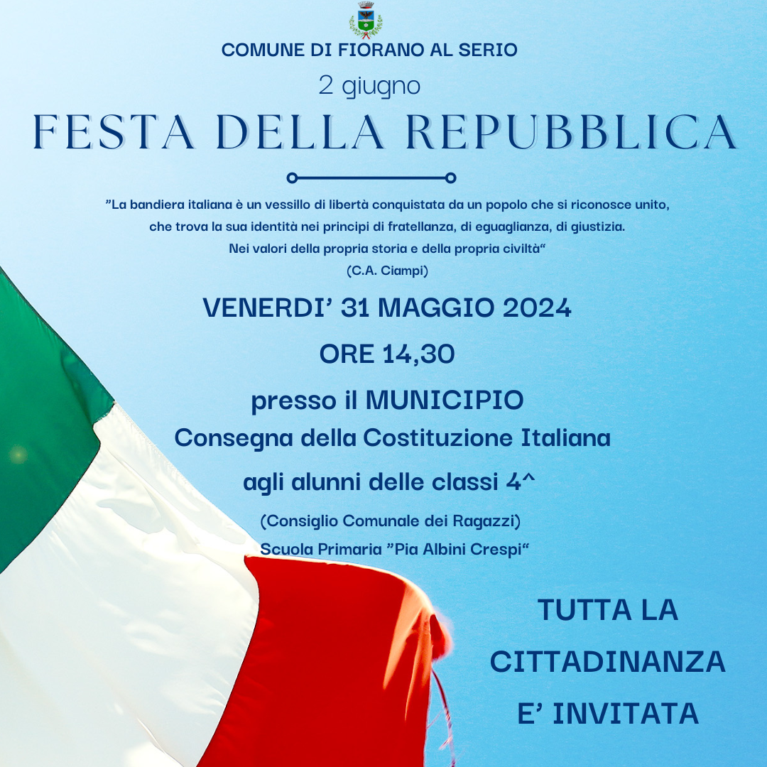 Venerdì 31 maggio alle ore 14.30 presso Municipio consegna della Costituzione Italiana agli alunni delle classi 4^.